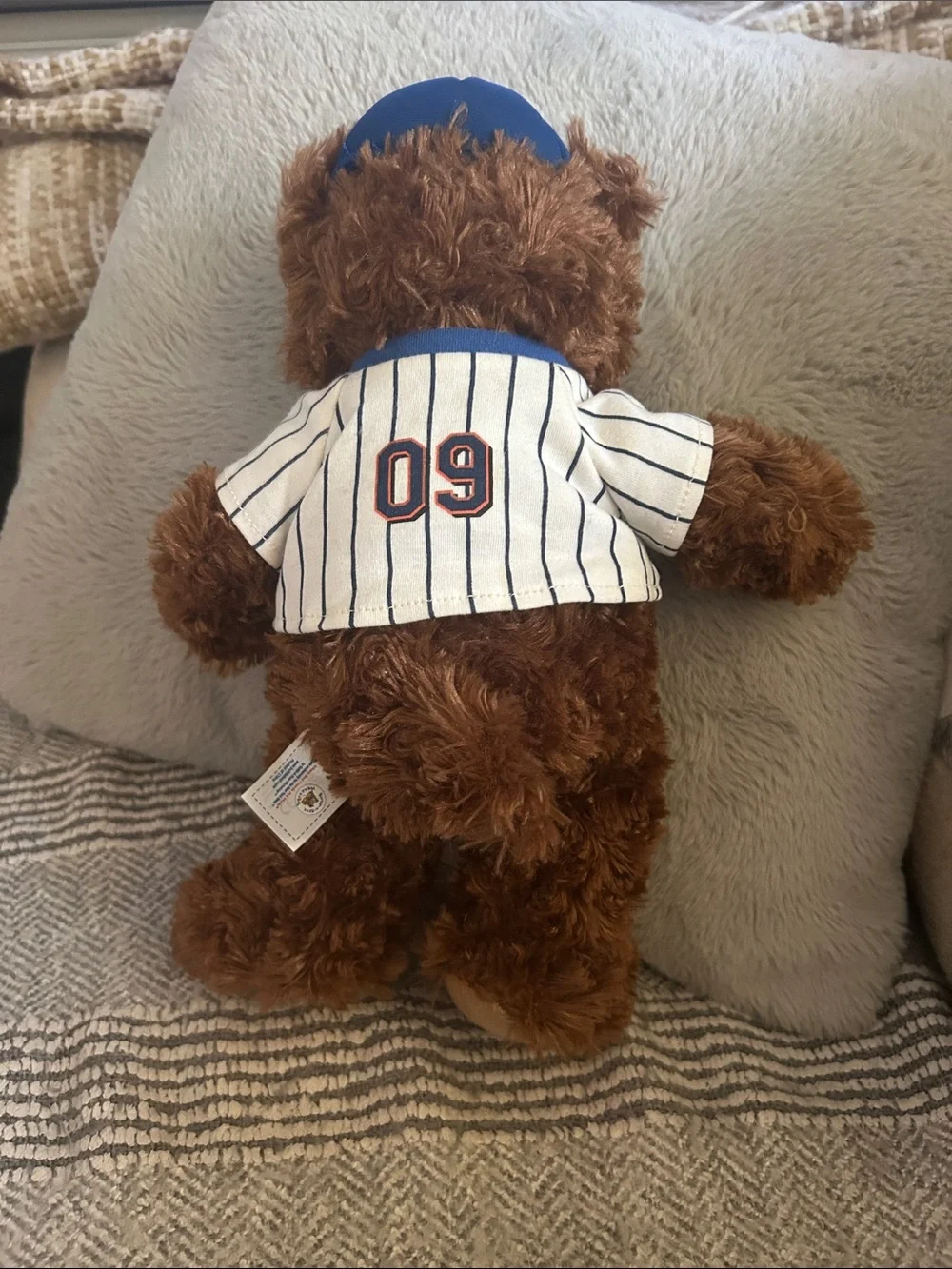 Build-A-Bear Brown Plush Bear with White Pinstripe Mets Jersey and Blue Cap